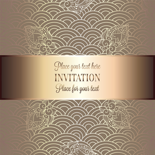 矢量抽象波浪邀请卡与几何鱼鳞布局。丰富的金色和米色花饰背景。扇形风格化海浪。带有装饰性花朵的鱼鳞图片下载