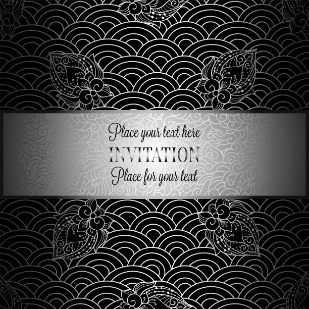 矢量抽象波浪邀请卡与几何鱼鳞布局。深黑背景上的银灰色花格。扇形风格化海浪。带有装饰性花朵的鱼鳞图片下载