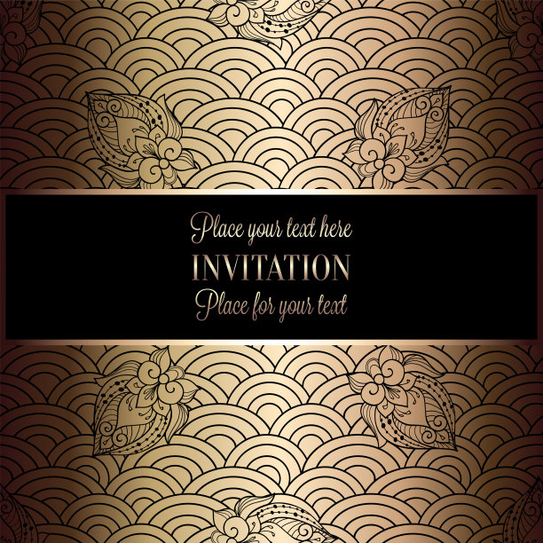 矢量抽象波浪邀请卡与几何鱼鳞布局。丰富的金色和米色花饰背景。扇形风格化海浪。带有装饰性花朵的鱼鳞图片下载