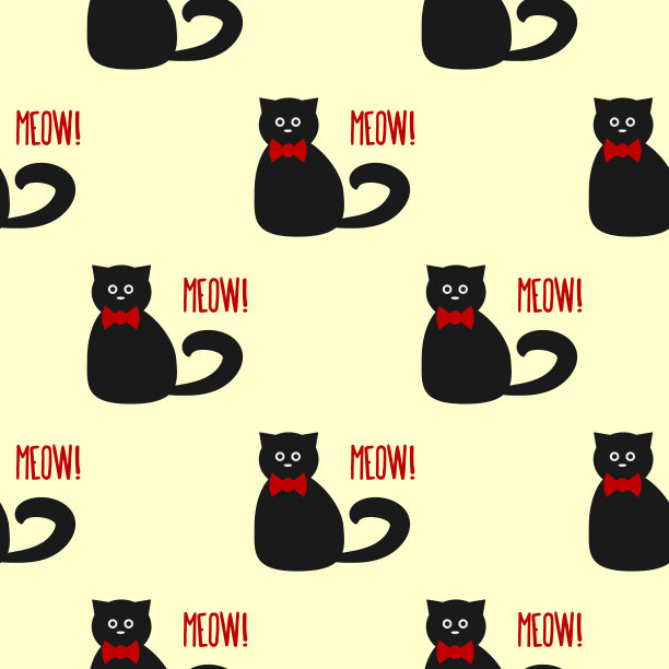 圆圆的眼睛和一个蝴蝶结的有趣的猫。文本喵!无缝模式。图片下载