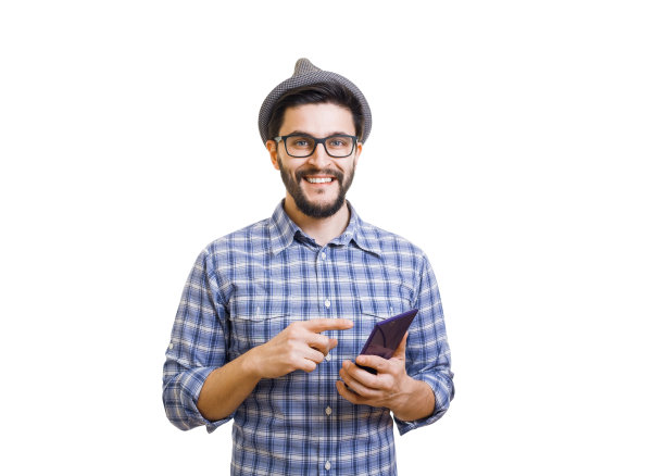 大胡子嬉皮士在用他的智能手机图片下载