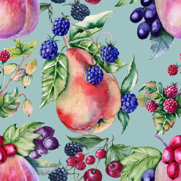 背景桃子，梨和浆果。无缝模式。图片下载