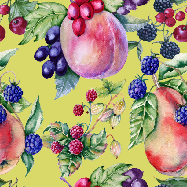 背景桃子，梨和浆果。无缝模式。图片下载