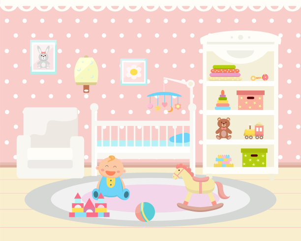 婴儿房间内部。有玩具、婴儿床、扶手椅和小地毯的婴儿房素材图片