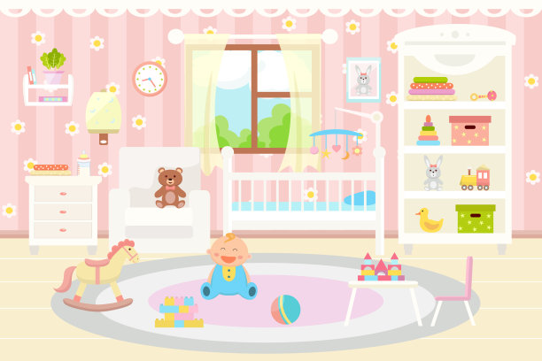 婴儿房间内部。有玩具、婴儿床、扶手椅和小地毯的婴儿房图片下载