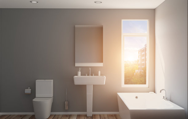 有大窗户的现代浴室。3 d渲染。日落。图片下载