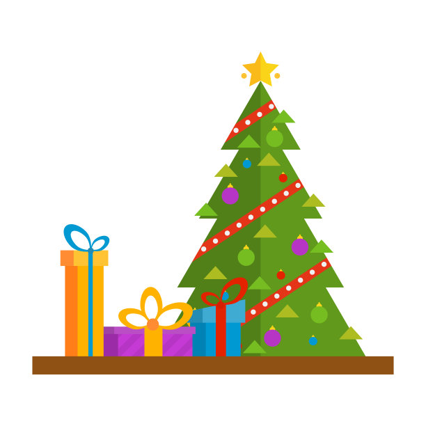 圣诞树上有金色的星星、礼物和花环。平面设计矢量插图孤立在白色背景。图片下载