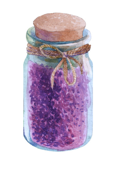干燥的薰衣草花瓣放在一个玻璃小瓶里。水彩手绘插图上孤立的白色背景。图片下载