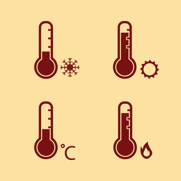 温度计的热和冷温度与雪花，太阳和火矢量图标设置为红色图片下载