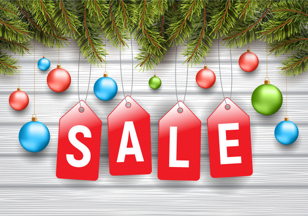 带有促销徽章的圣诞节装饰品，矢量插画图片下载