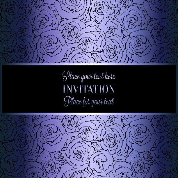 浪漫古色古香的背景，奢华的黑色，金属蓝色的复古玫瑰卡片，维多利亚时代的旗帜，用玫瑰漩涡做成的墙纸装饰品，邀请卡，巴洛克风格的小册子与文字图片下载