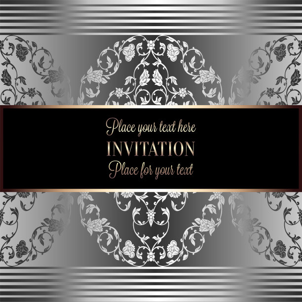 浪漫古色古香的背景，奢华的灰色，黑色和金属银色的复古相框，维多利亚时代的旗帜，精致精致的洛可可墙纸装饰品，请柬，巴洛克风格的小册子，哥特式图片下载