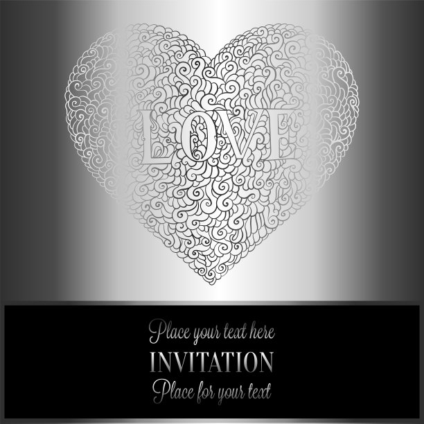 浪漫古色古香的背景，奢华的黑色和金属银色的复古卡片，维多利亚时代的旗帜，心形涂鸦制成的漩涡墙纸装饰，邀请卡，巴洛克风格的小册子与文字的爱图片下载