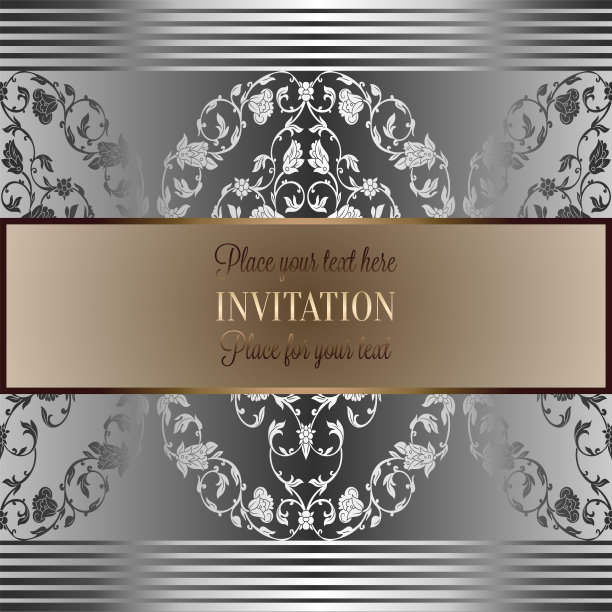 浪漫古色古香的背景，奢华的灰色，黑色和金属银色的复古相框，维多利亚时代的旗帜，精致精致的洛可可墙纸装饰品，请柬，巴洛克风格的小册子，哥特式图片下载