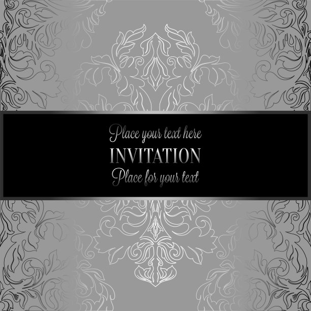 巴洛克古色古香的背景，奢华的灰色，黑色和金属银色的复古相框，维多利亚时代的旗帜，锦缎花墙纸装饰品，邀请卡，巴洛克风格小册子，时尚图案图片下载