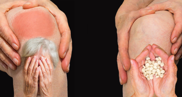 老妇人抱着膝盖，疼痛难忍素材图片