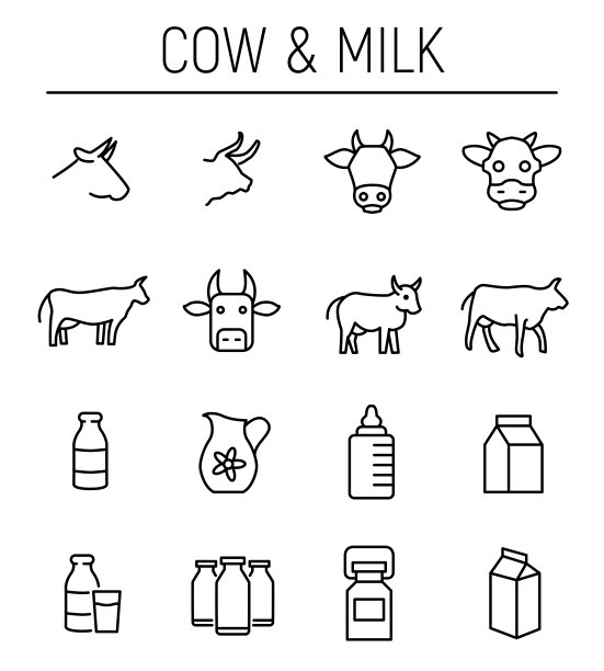 一套奶牛和牛奶图标在现代细线风格。图片下载