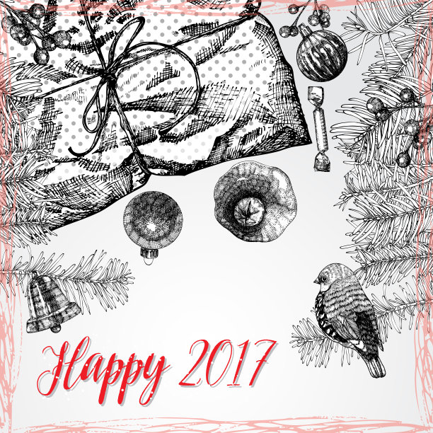 快乐2017年，新年和节日插图与字母手绘庆祝背景。图片下载