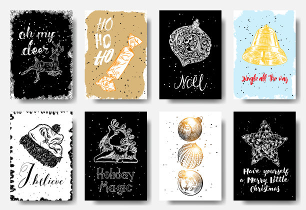 一套手绘贺卡。很棒的打印邀请，海报，标签。哦，我的小鹿，HO HO HO, noel，铃儿响叮当，我相信，节日魔力，小圣诞快乐。向量。图片下载