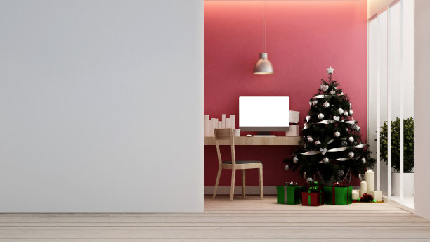 工作场所的圣诞树和礼物盒在家里或公寓-室内设计- 3D渲染图片下载