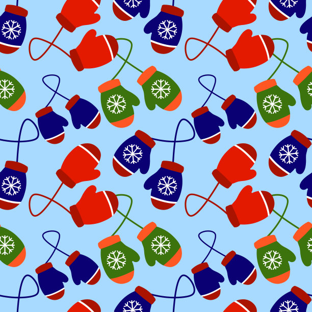 圣诞和新年无缝模式的冬季彩色手套在蓝色的背景。平面设计矢量图图片下载