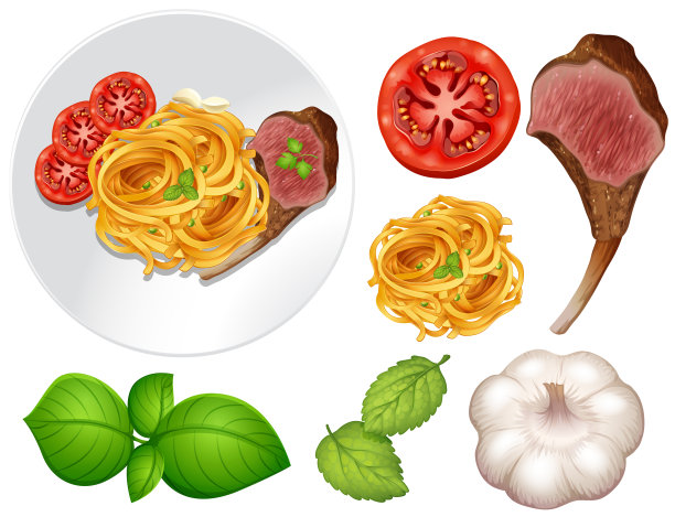 牛排和意大利面在盘子里图片下载