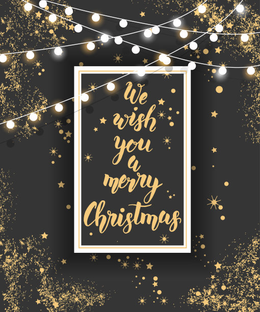矢量海报与手绘圣诞手工制作的报价“我们祝你圣诞快乐”，花环和金箔在黑板上。图片下载