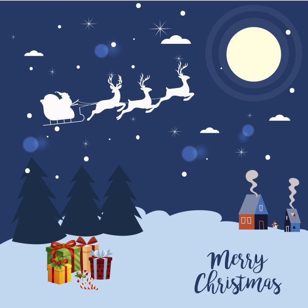 圣诞老人。一群小鹿。在夜空中。图片下载