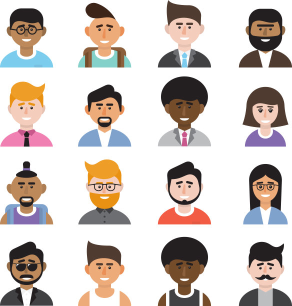 一组扁平风格的角色。脸的人。图片下载