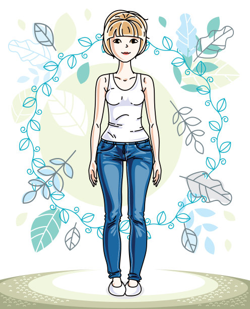 向量年轻的金发女子站，春天的风景与蓝色的树叶图片下载