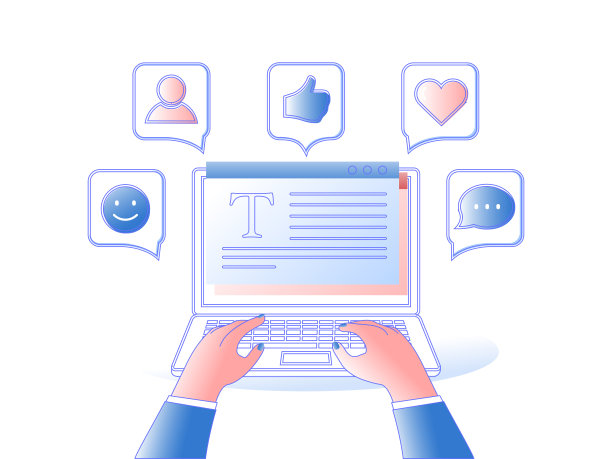 女人坐在桌子旁，用笔记本电脑在社交网络上使用社交媒体符号。图片下载