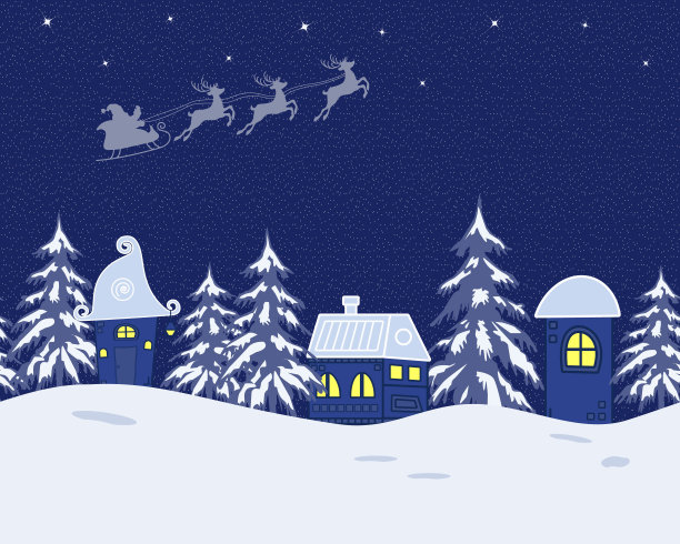 童话般的冬季景观。圣诞老人骑着鹿飞过天空图片下载