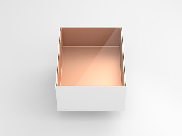 白色盒子泡罩模型与透明的窗户和金色纸板内在光工作室图片下载