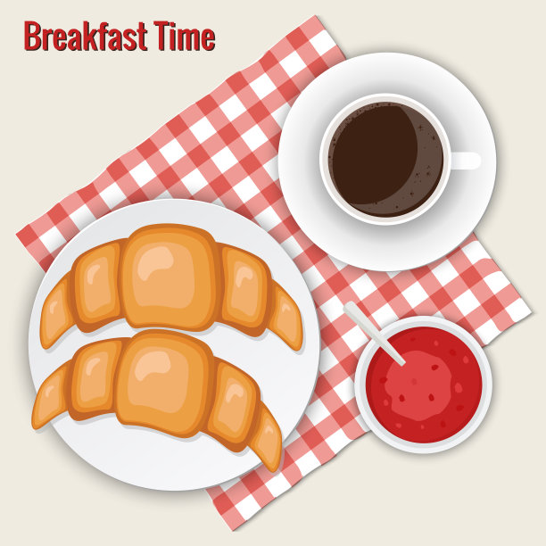 早餐。咖啡、吐司、羊角面包、煎蛋卷、水果、果酱、燕麦片、豆类、培根、卡布奇诺、鸡蛋。图片下载