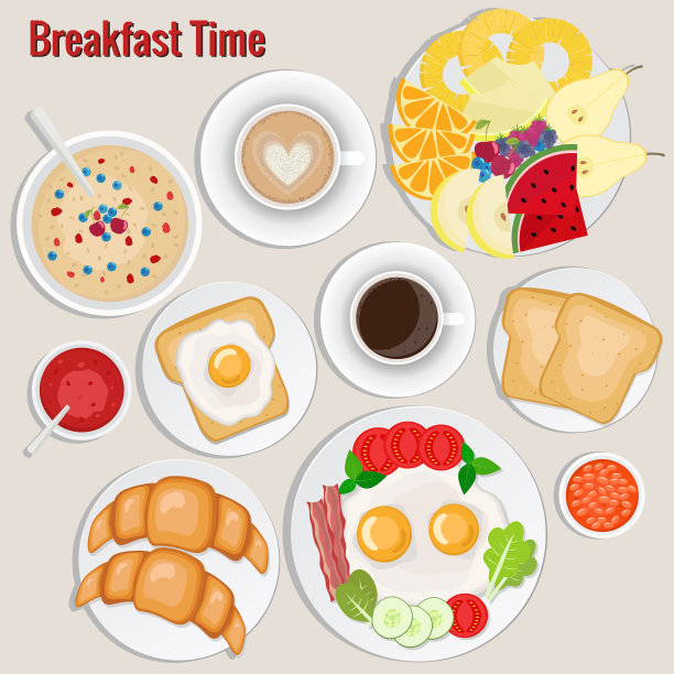 早餐。咖啡、吐司、羊角面包、煎蛋卷、水果、果酱、燕麦片、豆类、培根、卡布奇诺、鸡蛋。图片下载