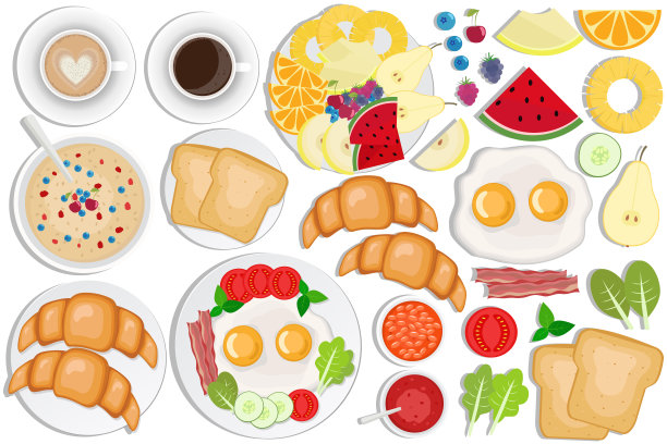 早餐。咖啡、吐司、羊角面包、煎蛋卷、水果、果酱、燕麦片、豆类、培根、卡布奇诺、鸡蛋。图片下载