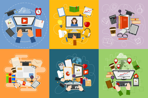 在线教育概念研究平面设计web移动服务e-learning学习计算机网络信息矢量插图图片下载