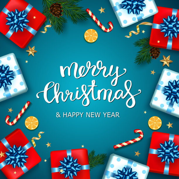 圣诞快乐字母在蓝色背景，圣诞背景排版，圣诞元素。矢量图图片下载