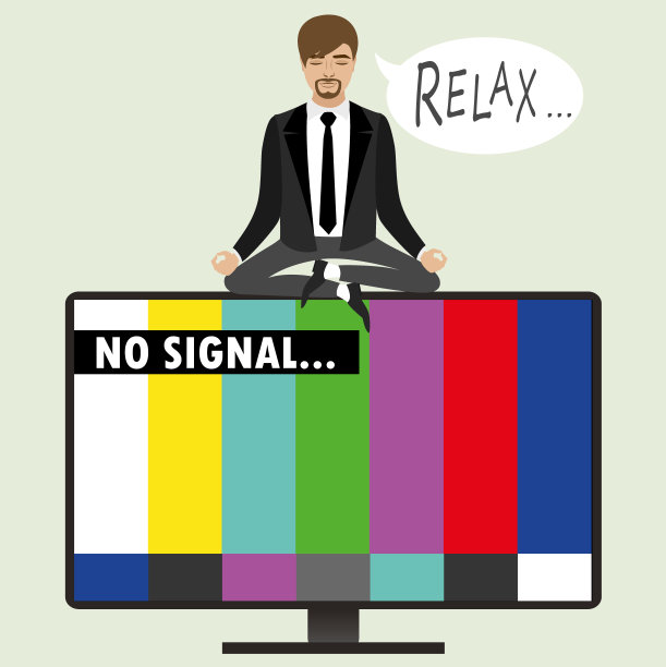 电视屏幕上，没有信号，一个男人以莲花的姿势坐着图片下载