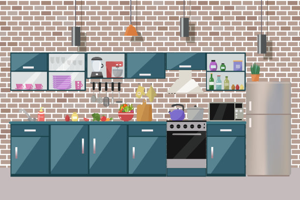 厨房内部有桌子，炉子，橱柜，盘子，电器图片下载