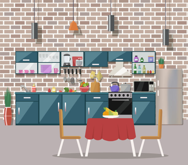 厨房内部有桌子，炉子，橱柜，盘子，电器图片下载