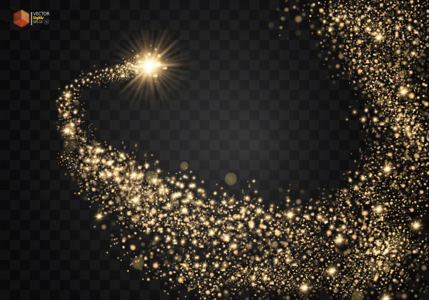 宇宙波闪闪发光。金色闪烁的星尘在透明的背景上拖着闪闪发光的粒子。空间彗星的尾巴。每股收益10向量素材图片