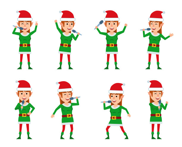 一组女性圣诞小精灵角色摆姿势与麦克风在不同的情况。图片下载