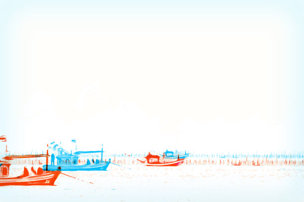 龙船出海捕鱼，渔船以水彩画为背景，以色彩斑斓的飞溅笔触为艺术。图片下载