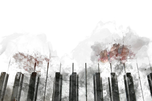 抽象美丽的手弹钢琴键盘前景水彩画背景和数字插图画笔艺术。图片下载