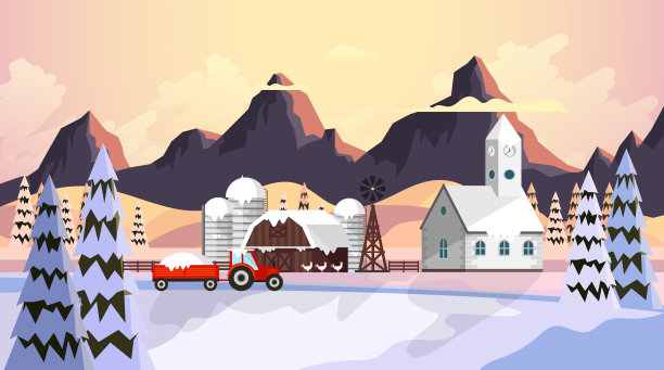 美丽的自然冬季农业乡村矢量景观插图图片下载