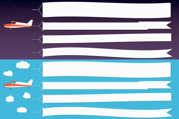 飞广告横幅。飞机与水平横幅在夜晚的外层空间和天蓝色的天空背景图片下载