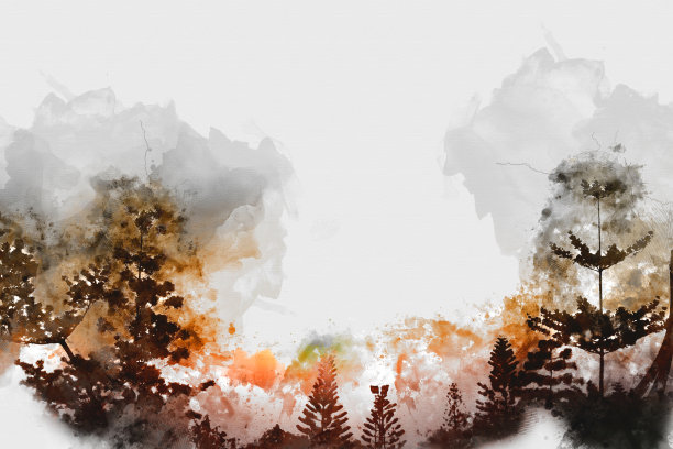 抽象美丽的树和田野上的彩色水彩画背景。图片下载