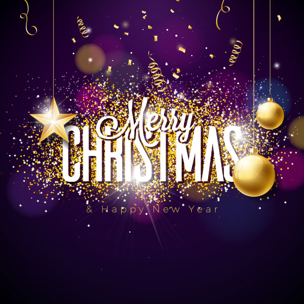 矢量圣诞快乐插图闪亮明亮的背景与排版和节日元素。采购产品剪纸星星，五彩纸屑，蛇纹和装饰球。图片下载