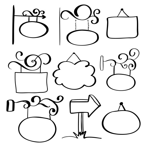 一套手绘涂鸦招牌在一个白色的背景图片下载